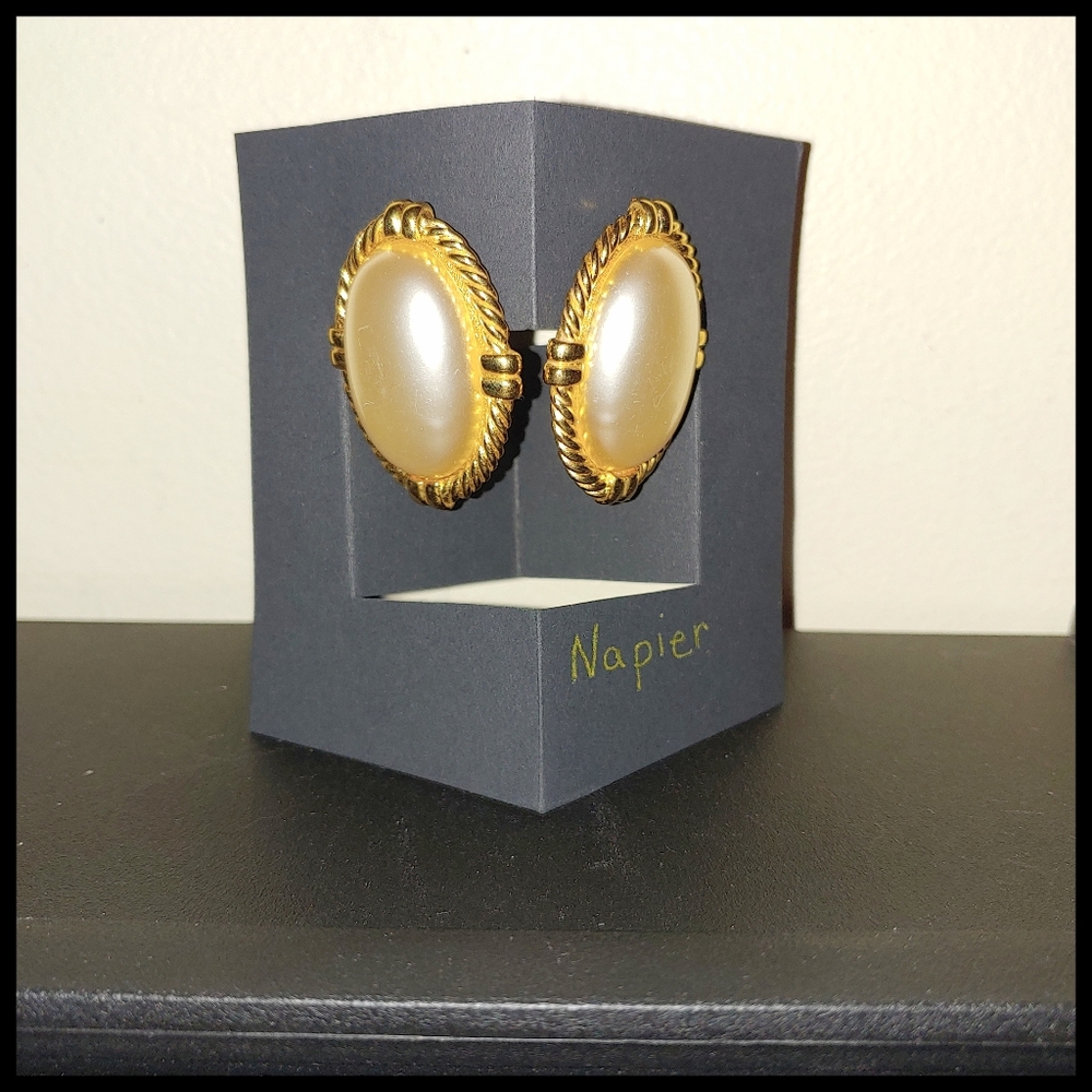 Vintage Napier Earrings Cream and Gold Tone, Marked